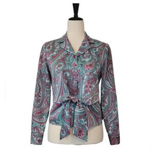 Jones New York Green Patterned Front Tie Button Down Long Sleeve Shirt Size PS